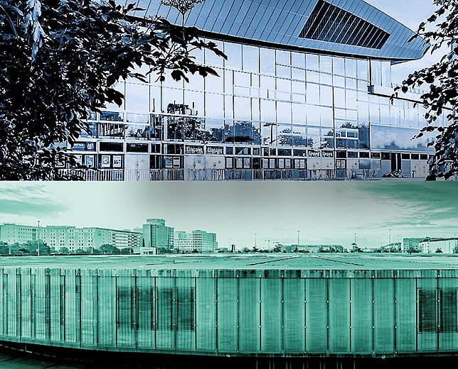 Max-Schmeling-Halle und Velodrom auf einem Bild.